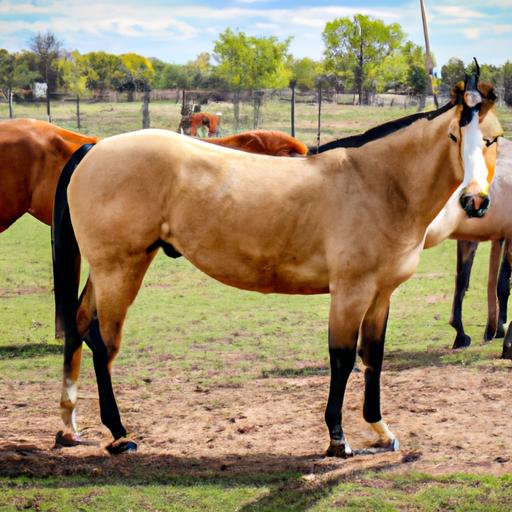 A horse showing fear behavior caused by lack of socialization, avoiding eye contact and standing away from other horses.