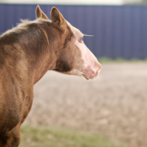 A horse exhibiting fear behavior due to a traumatic past experience, standing with its head low and ears pinned back.