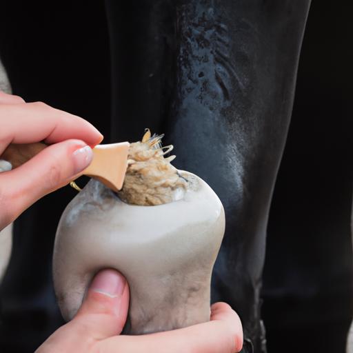 Applying horse health pine tar to a horse's hoof helps prevent cracking and promotes overall hoof health.
