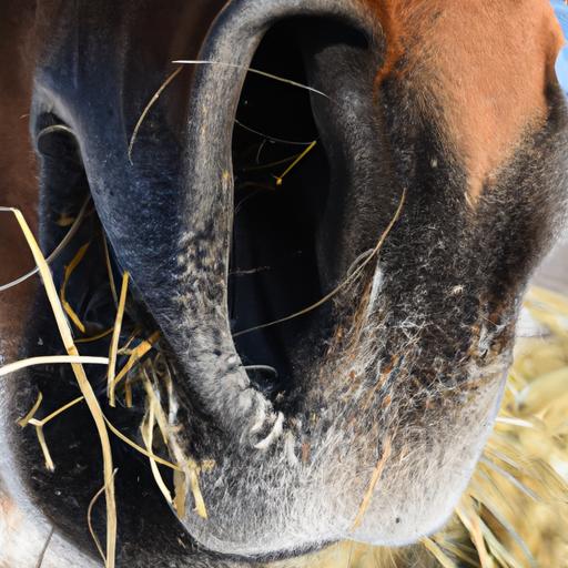 The intricate movements of a horse's jaw while consuming hay.