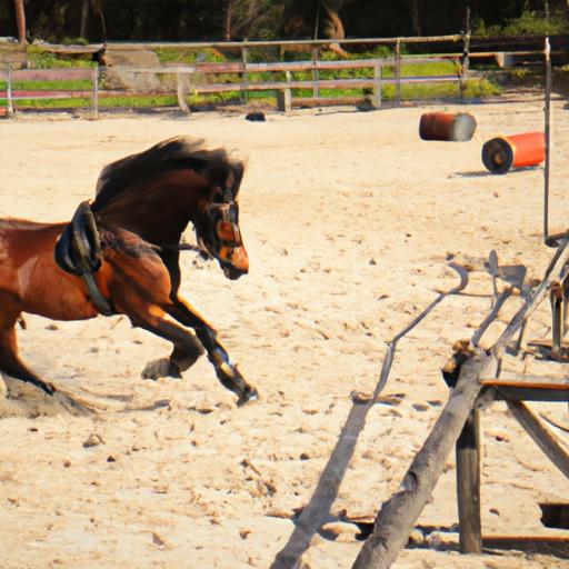 A skilled horse maneuvering through a course of ground-based challenges.