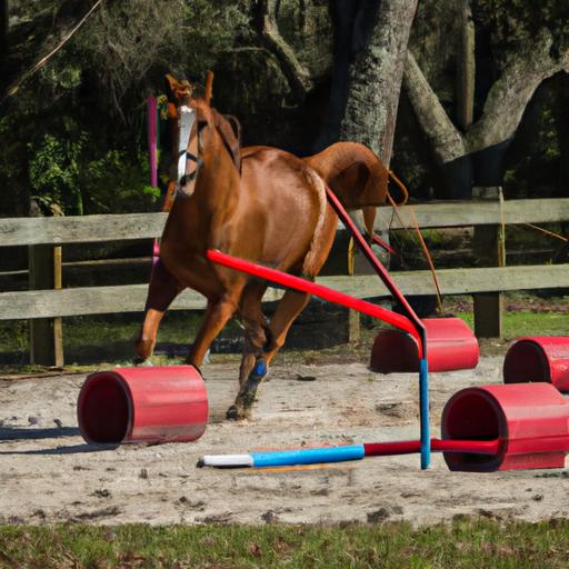 A horse skillfully maneuvering through an obstacle course during advanced training.