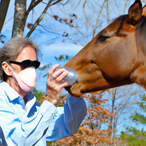 A responsible horse owner ensuring a clean and hygienic environment to prevent runny nose in horses.