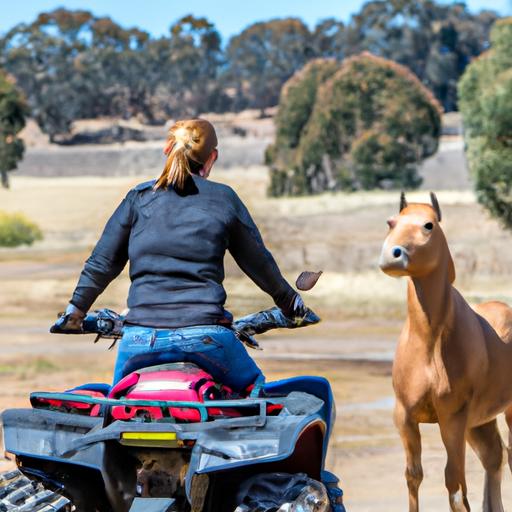 A horse demonstrates obedience under the guidance of a quad bike rider