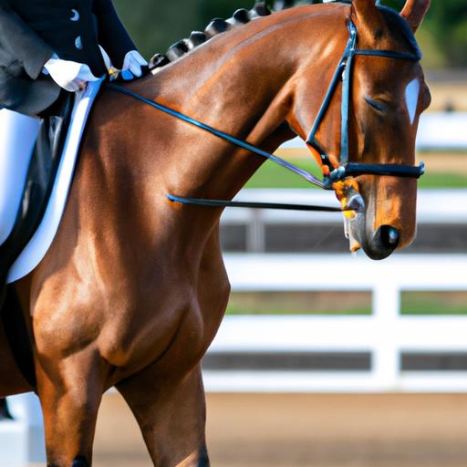 A rider and horse gracefully performing dressage maneuvers, showcasing their harmonious partnership and precise movements.