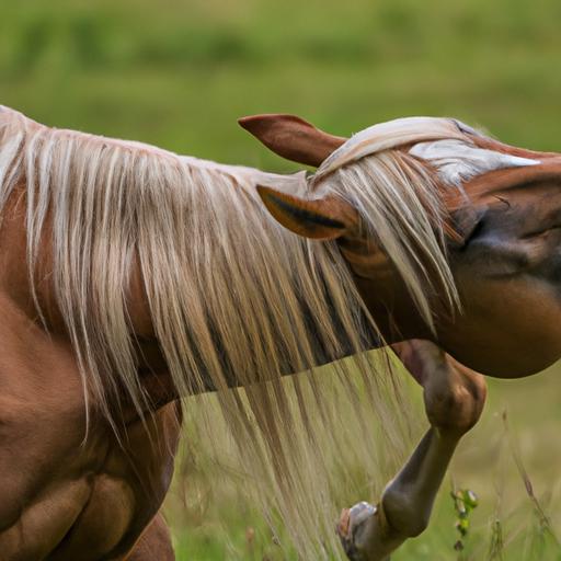 A horse taking care of its tail through self-grooming.