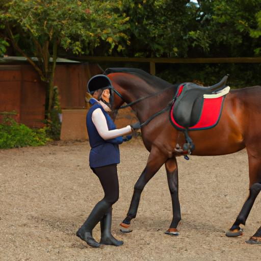 A dedicated horse trainer guides a rider through precise movements during a dressage session.