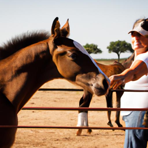 A horse trainer in Texas fostering a strong bond with a young foal during training sessions.