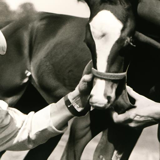 A horse trainer building trust with a young foal through gentle touch in 1977.