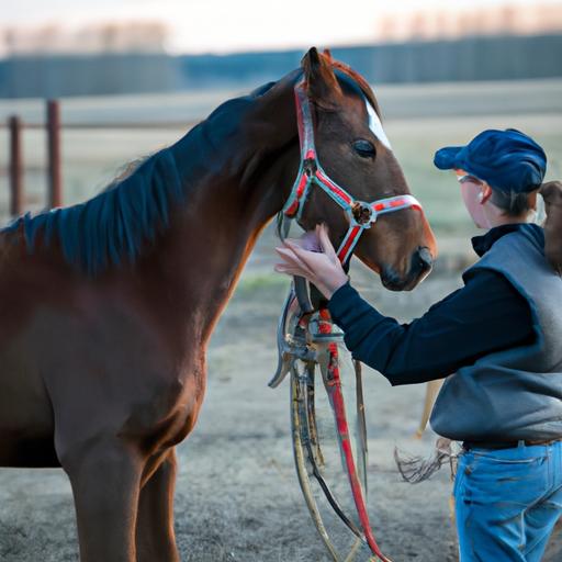 Dedicated trainer guiding a young horse through a training session in Alberta.