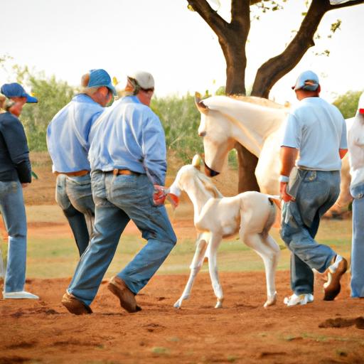 Experienced horse trainers closely monitoring the progress of a young colt during its initial training in a Texan ranch.
