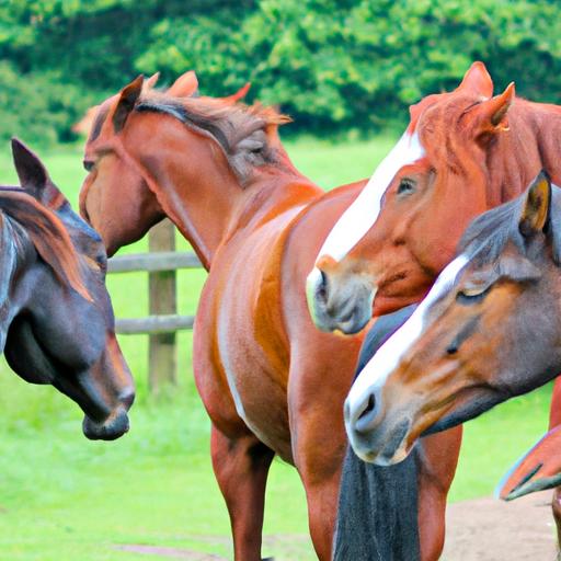 Horses engaging in communication through body language within their herd.