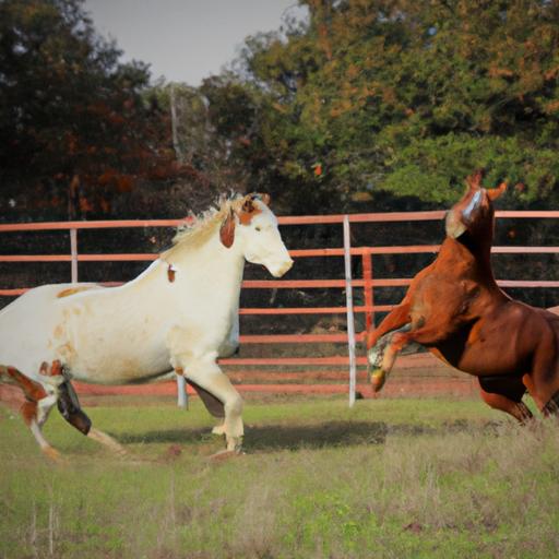 Two horses playfully chasing each other, demonstrating their strong social bonds.