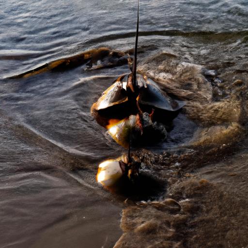 Male and female horseshoe crabs engaging in a graceful courtship dance