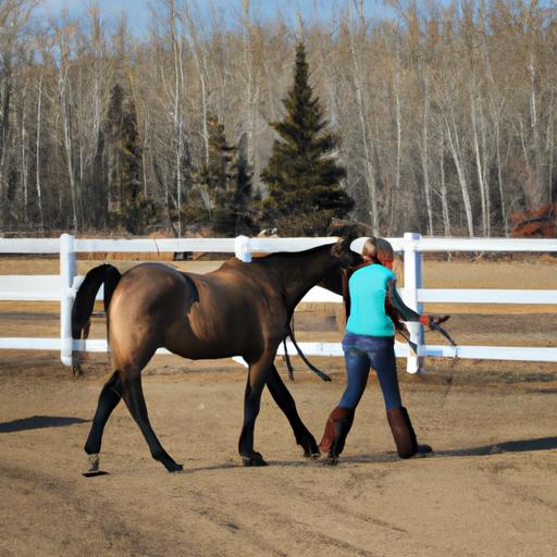 An experienced horse trainer in Manitoba guiding a young horse through a training session.