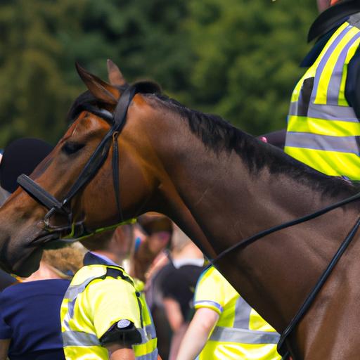 A police horse demonstrating crowd management skills during training.