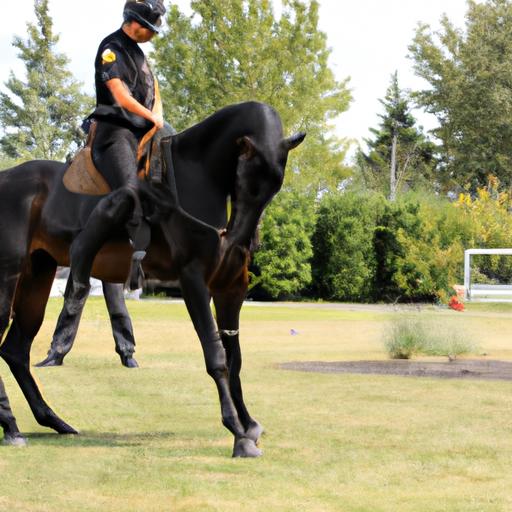 A police horse undergoing physical conditioning exercises to maintain fitness.