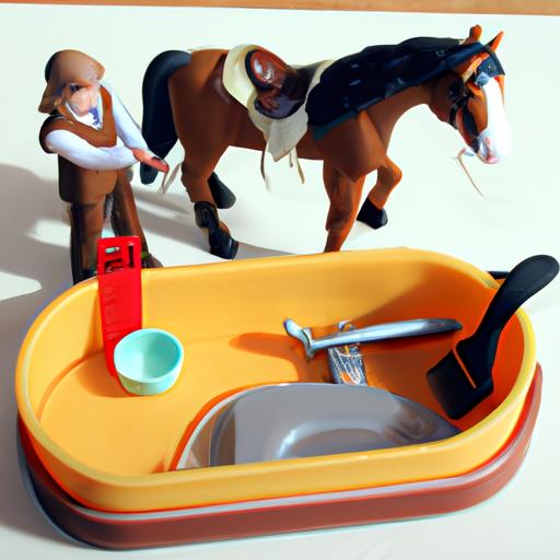 Detail of a Playmobil horse grooming set with lifelike horse figurines and grooming accessories.