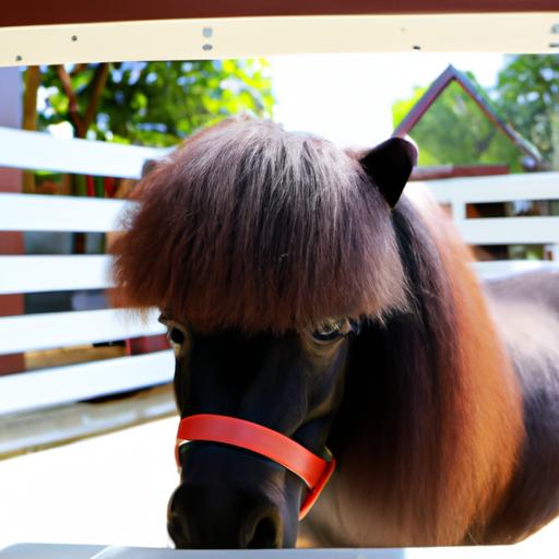 A miniature horse stands confidently on a grooming stand, showcasing the stand's effectiveness in reaching all areas of its body.