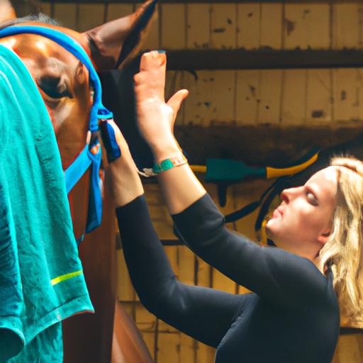 A female horse groom using expert techniques to curry a horse's coat, enhancing its natural shine.