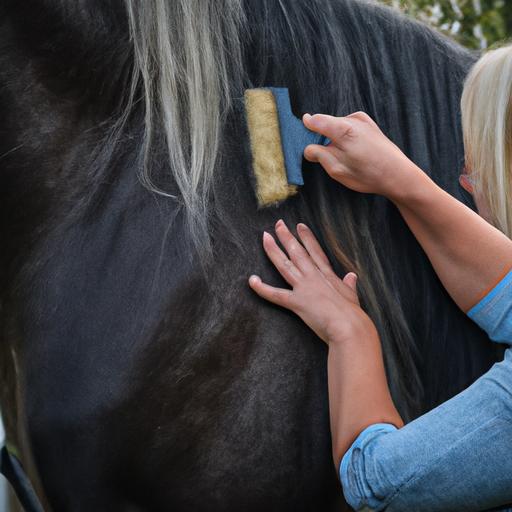A dedicated horse groomer providing meticulous care to a majestic horse in Estonia.