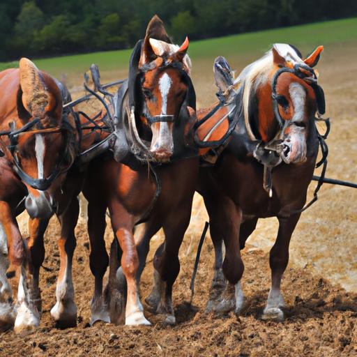 Dedicated farm horse breeds working together to cultivate the land.