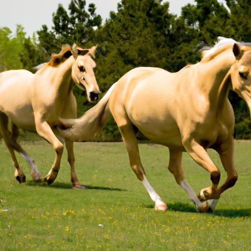 A pair of Palomino horses showing their grace and power while running.