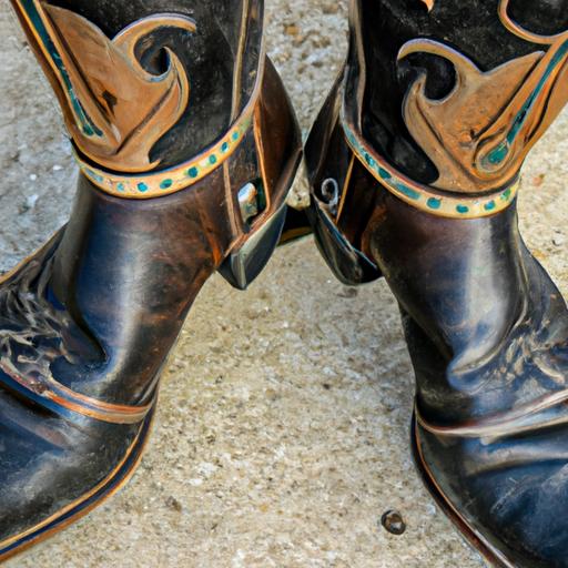 Western boots with spurs, an essential part of the rider's gear for control and communication with the horse.