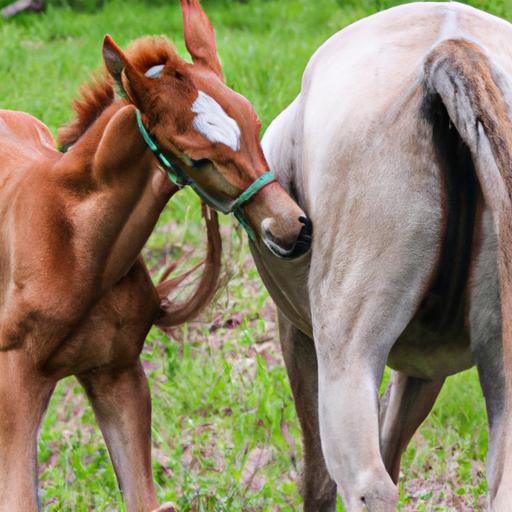 A curious foal playfully nipping at its mother's tail, displaying its mischievous nature.