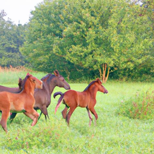 Witness the joy and innocence of young horses as they engage in playful antics in the open field.