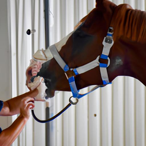 A veterinarian examining a horse with excessive saliva and foam around its mouth.