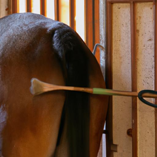 A horse finding comfort by rubbing its tail against a grooming brush in its stall.