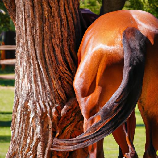 A horse seeking relief by vigorously rubbing its tail against a sturdy tree trunk.