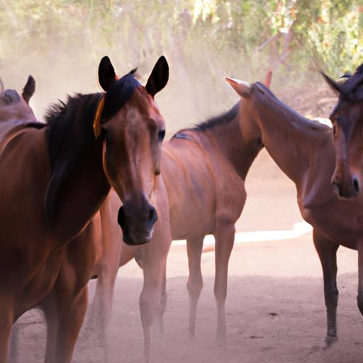 Horses in a dusty paddock, a prime location for the spread of pink eye due to environmental irritants.
