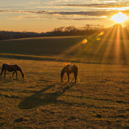 Experience the breathtaking beauty of horses enjoying their evening meal under a colorful sky.