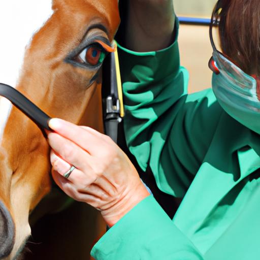 A veterinarian conducting an eye examination on a horse to determine the cause of watery eyes.